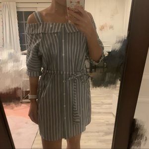 Blue white strap off-shoulder shirt dress
